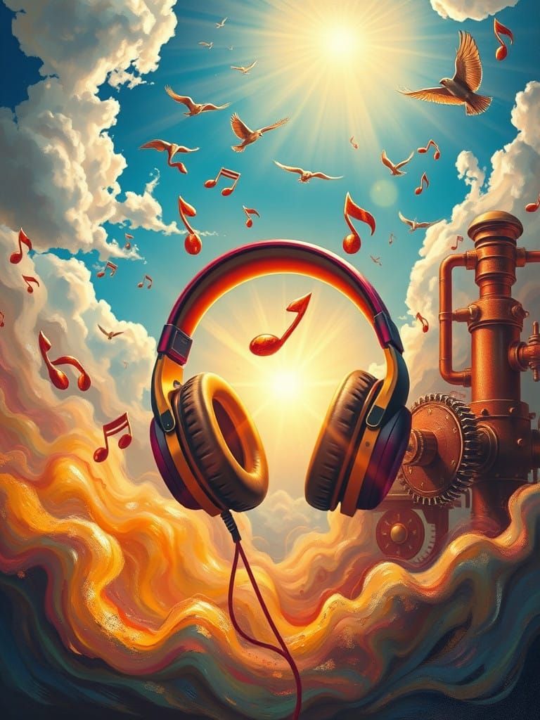 Vibrant Headphones in Whimsical Steampunk Dreamscape