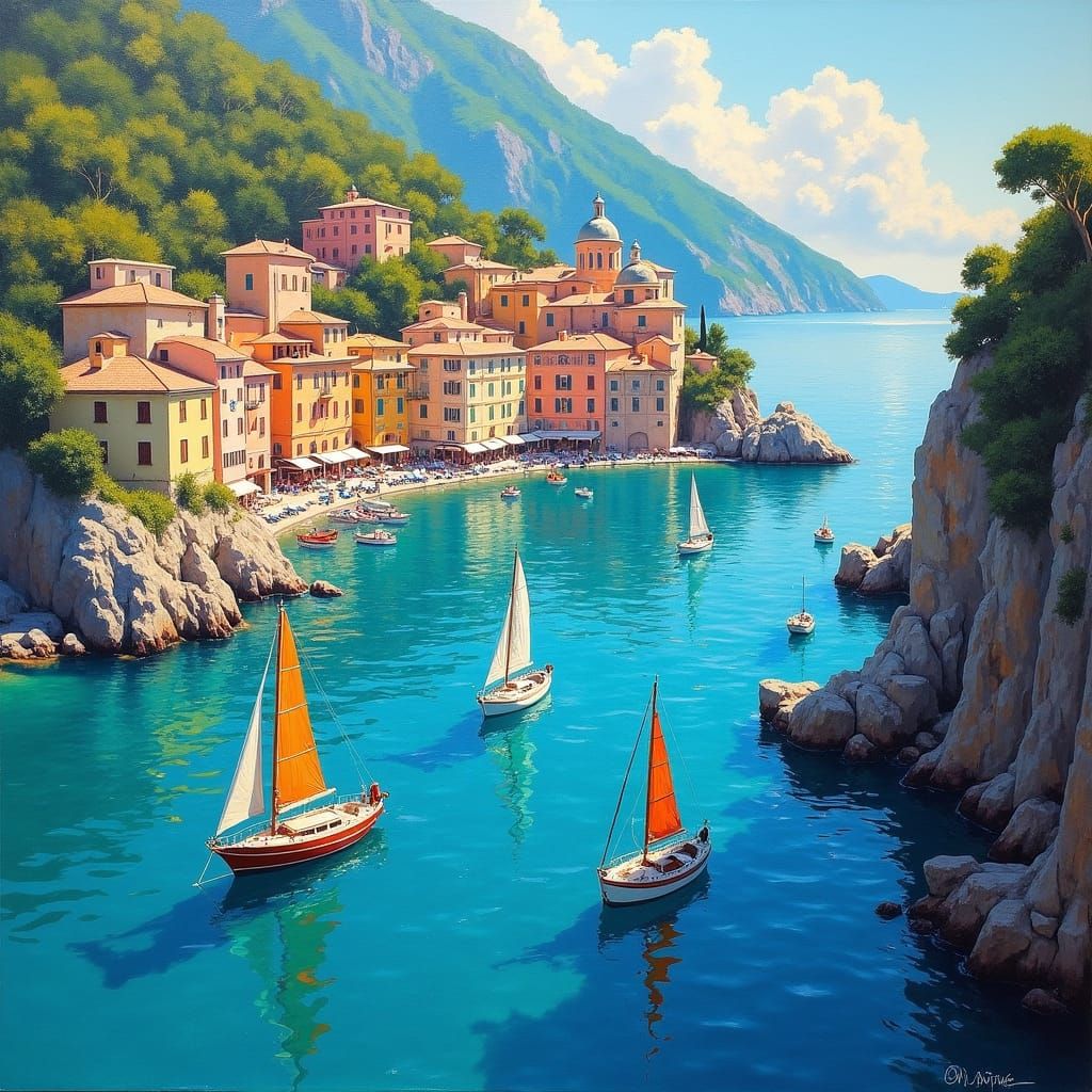 Amalfi Coast Sailboats: Impressionist Oil Painting