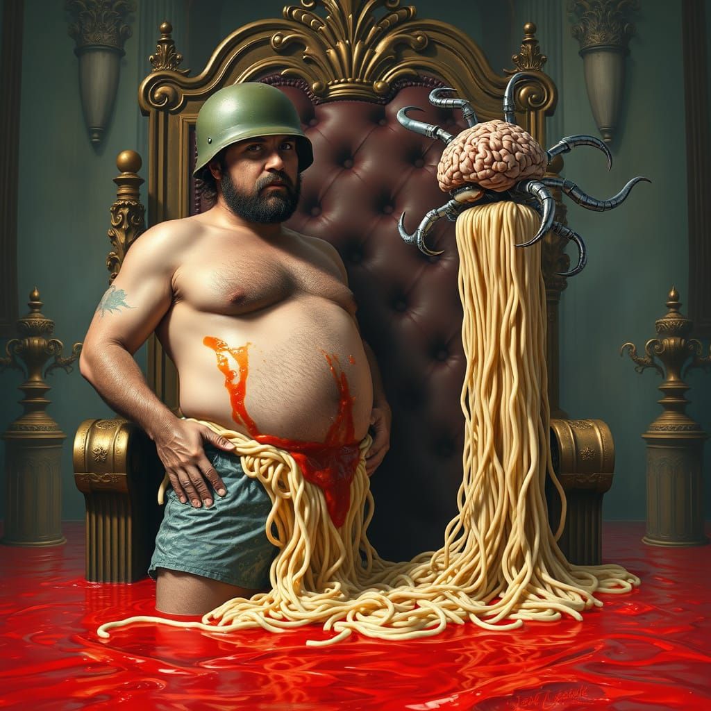 Surreal Soldier and Robot Feast in Opulent Throne Room