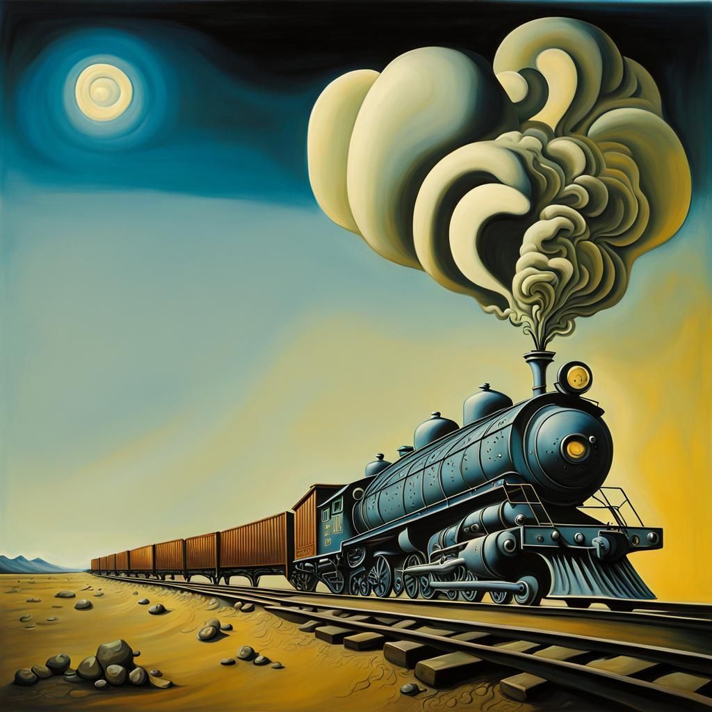 Surreal Freight Train at Night, Salvador Dali Style