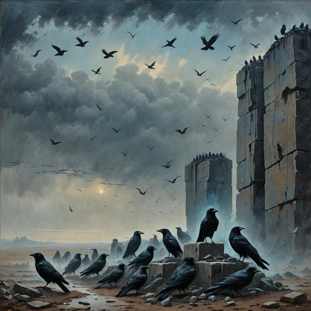 Eerie Crows in Surreal Overcast Landscape