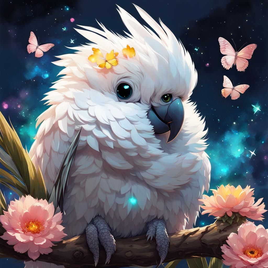 Constellation Cockatoo with Bioluminescent Flowers