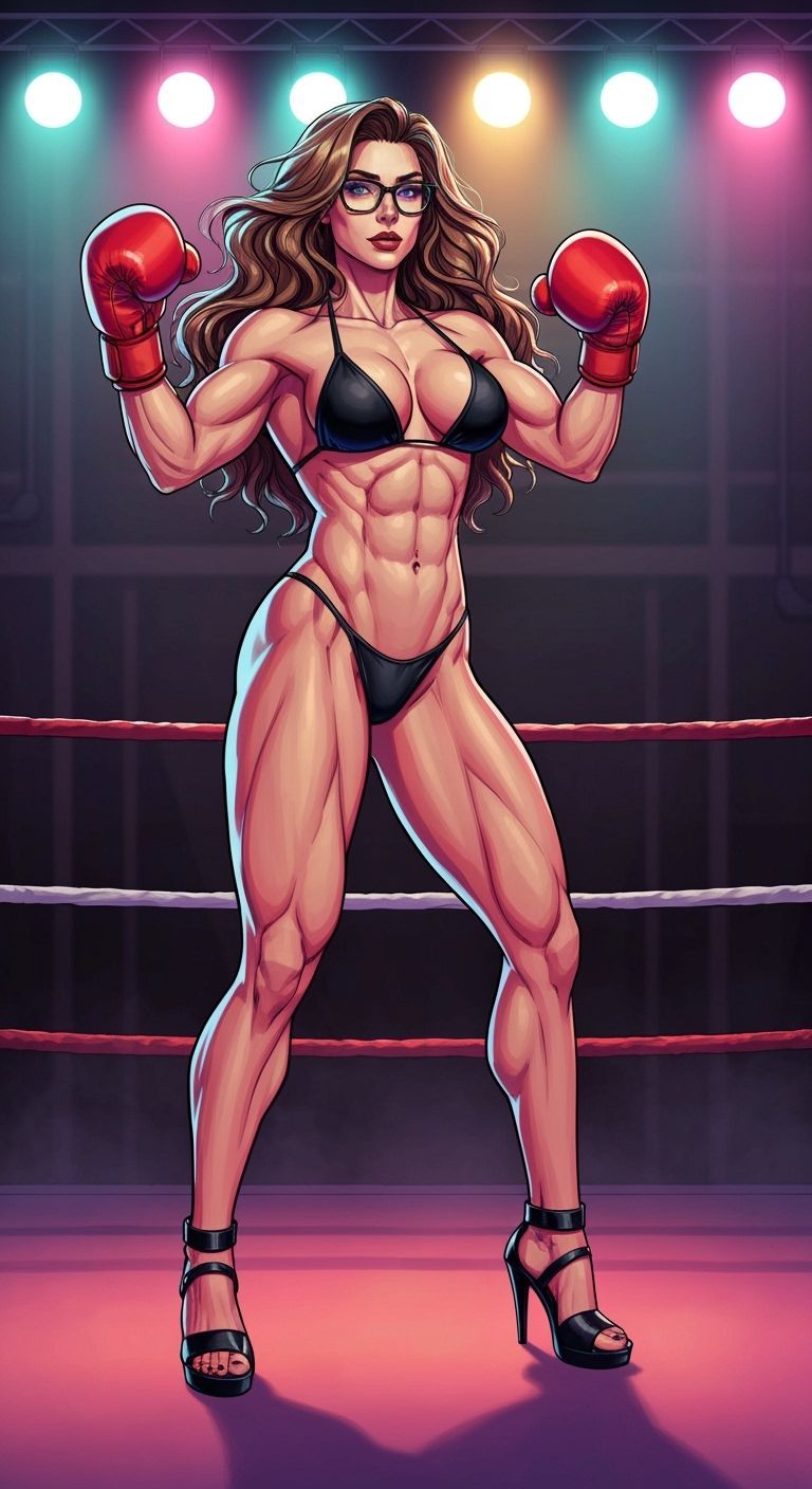 Muscular Woman in Boxing Ring with Red Gloves