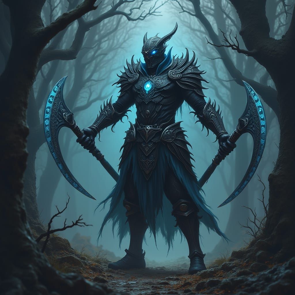 Heroic Demon Hunter in Dark, Mystical Forest