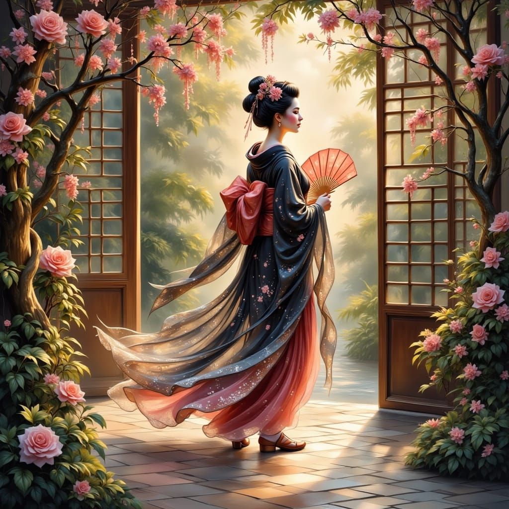 Elegant Geisha in Japanese Garden, Vibrant 8k