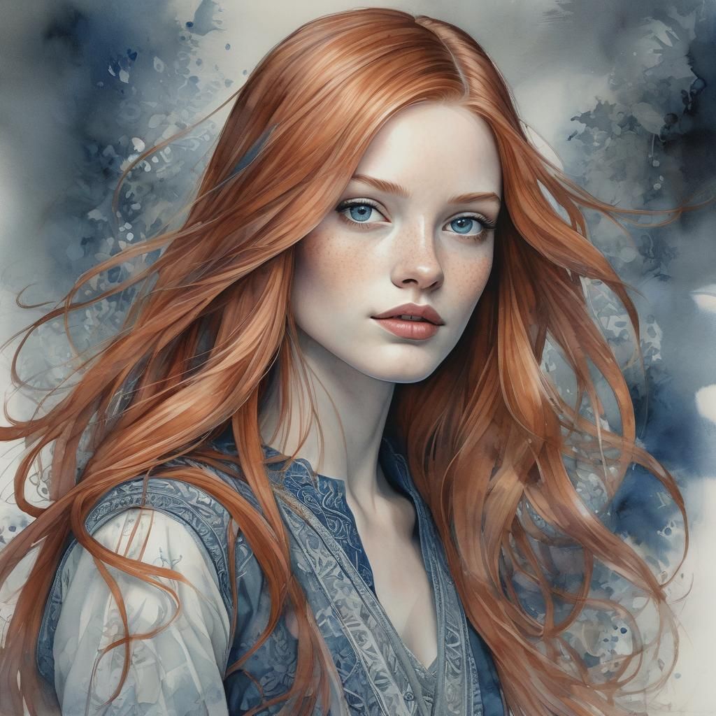 Watercolor Portrait of a Red-Haired Woman