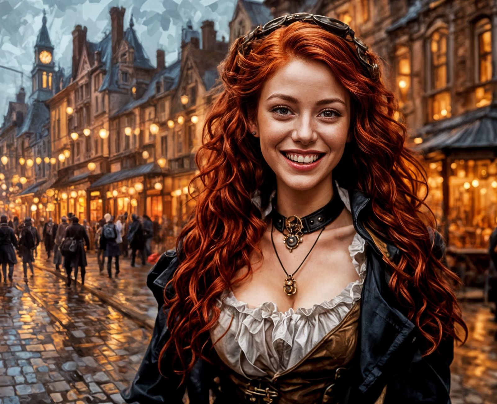 Steampunk Town Square Oil Painting with Red-Haired Woman