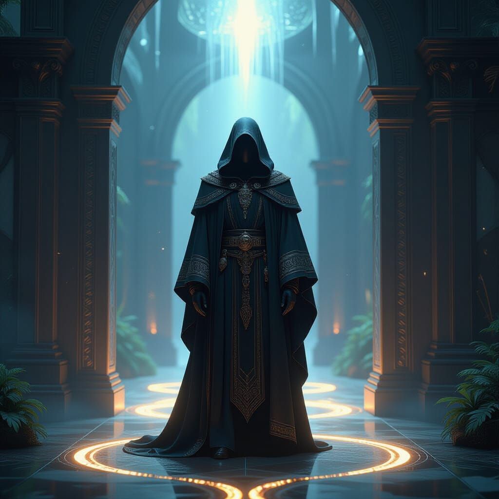 Mystical Figure at Pathway of Light in Retrofuturism Style