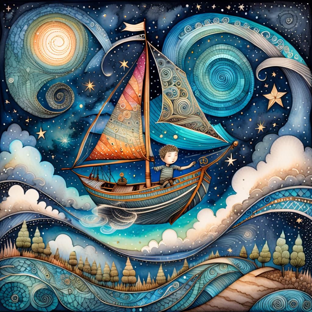 Boy Sailing Sky-Boat: Whimsical Ink and Watercolor Art