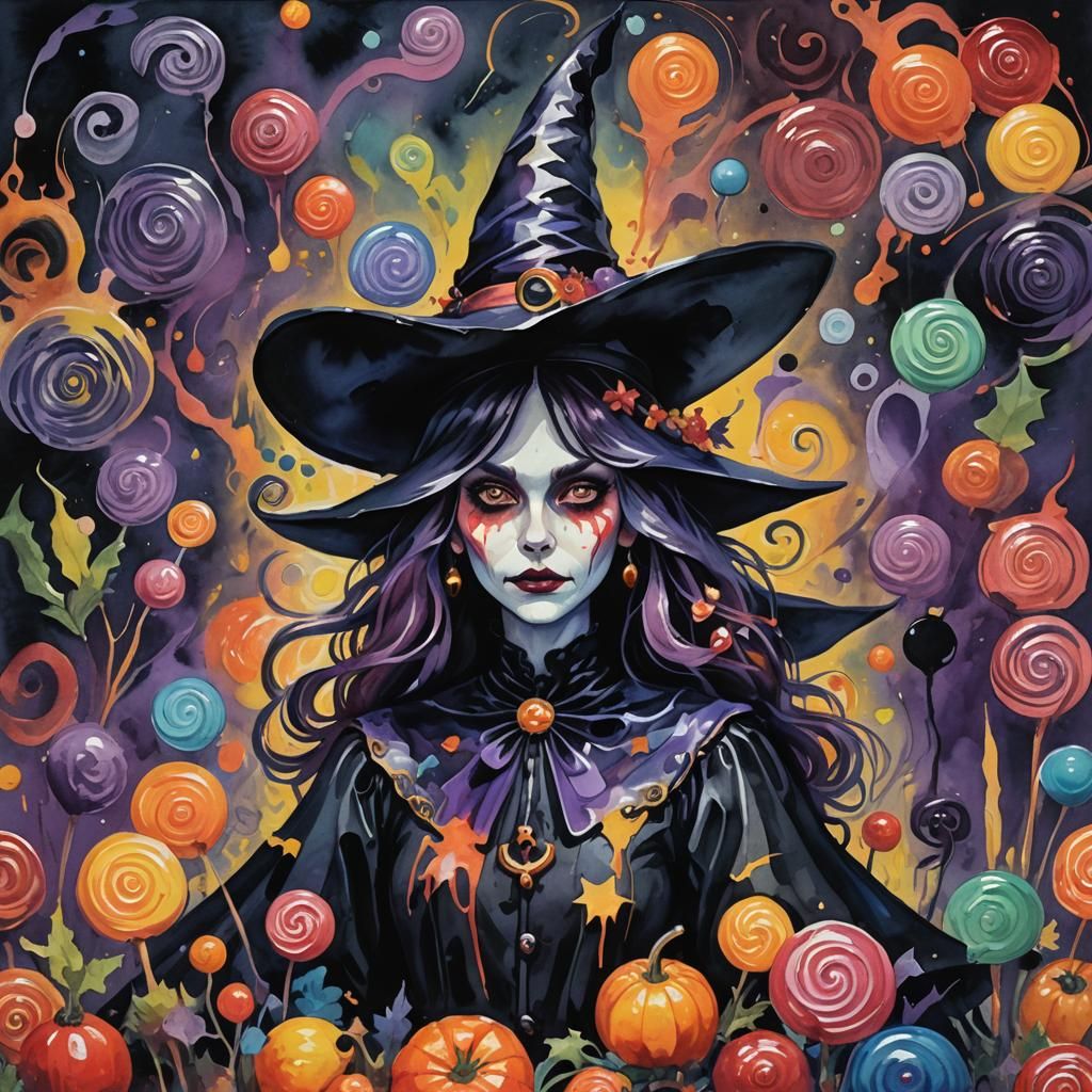Dark Candy Witch in Gouache Watercolor Style