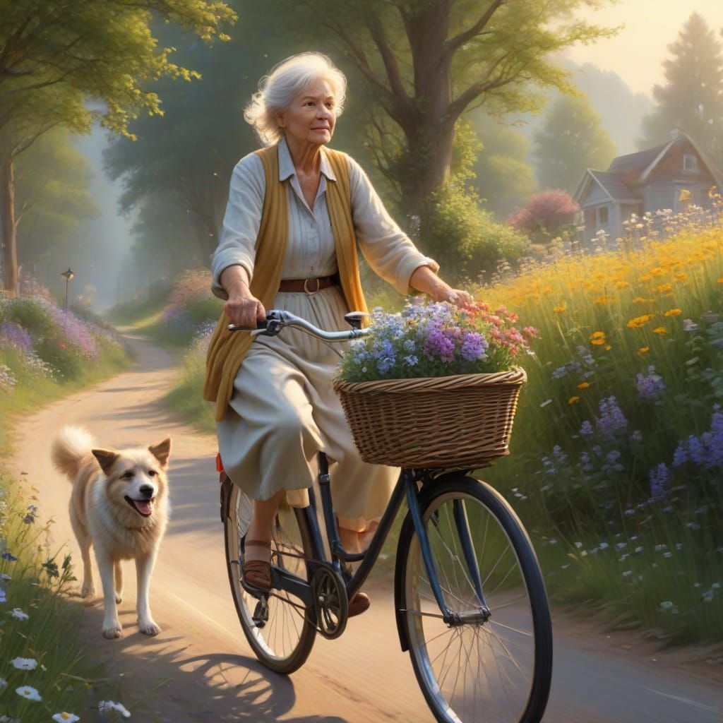 Woman Cycling with Dog in Golden Mist