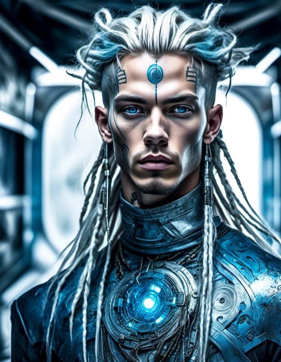 Futuristic Alien Cyborg in Hall of Mirrors