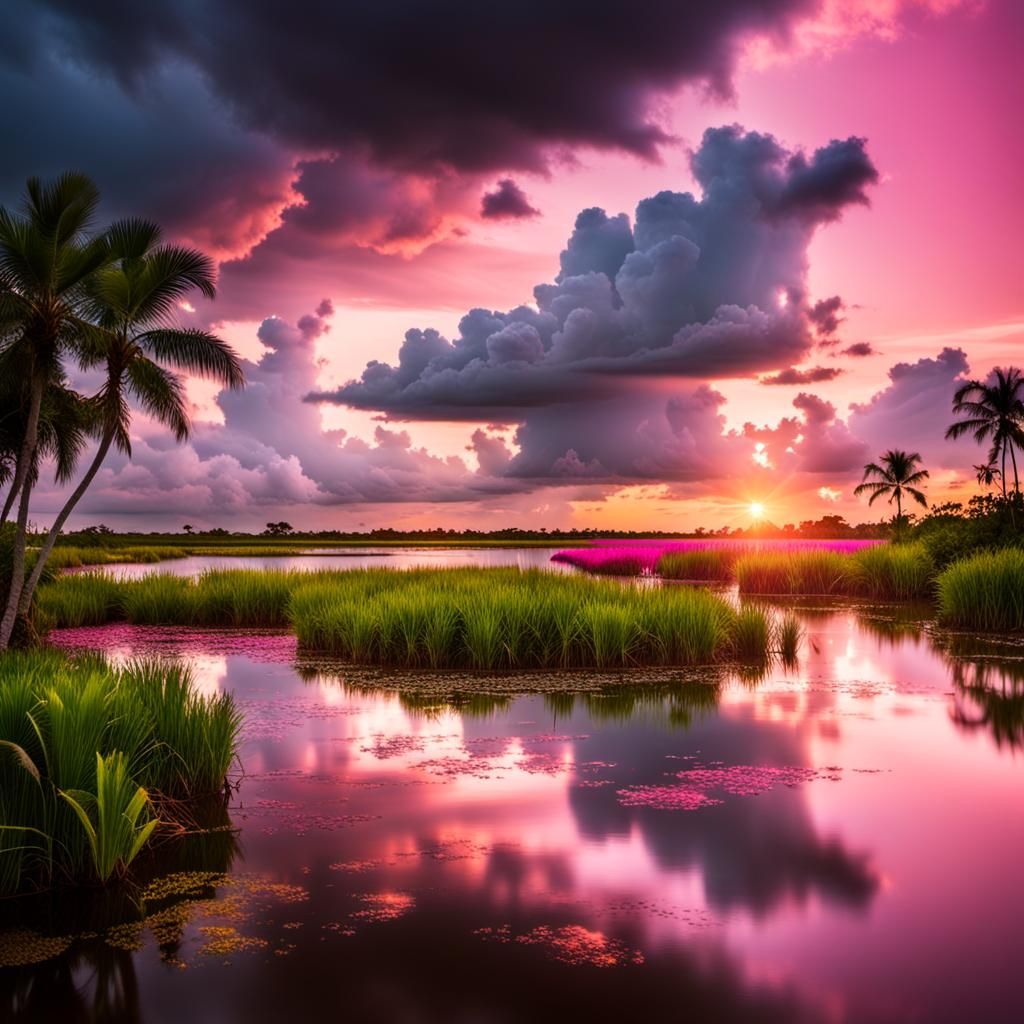 Pink Sunset Over Tropical Wetlands: Photography