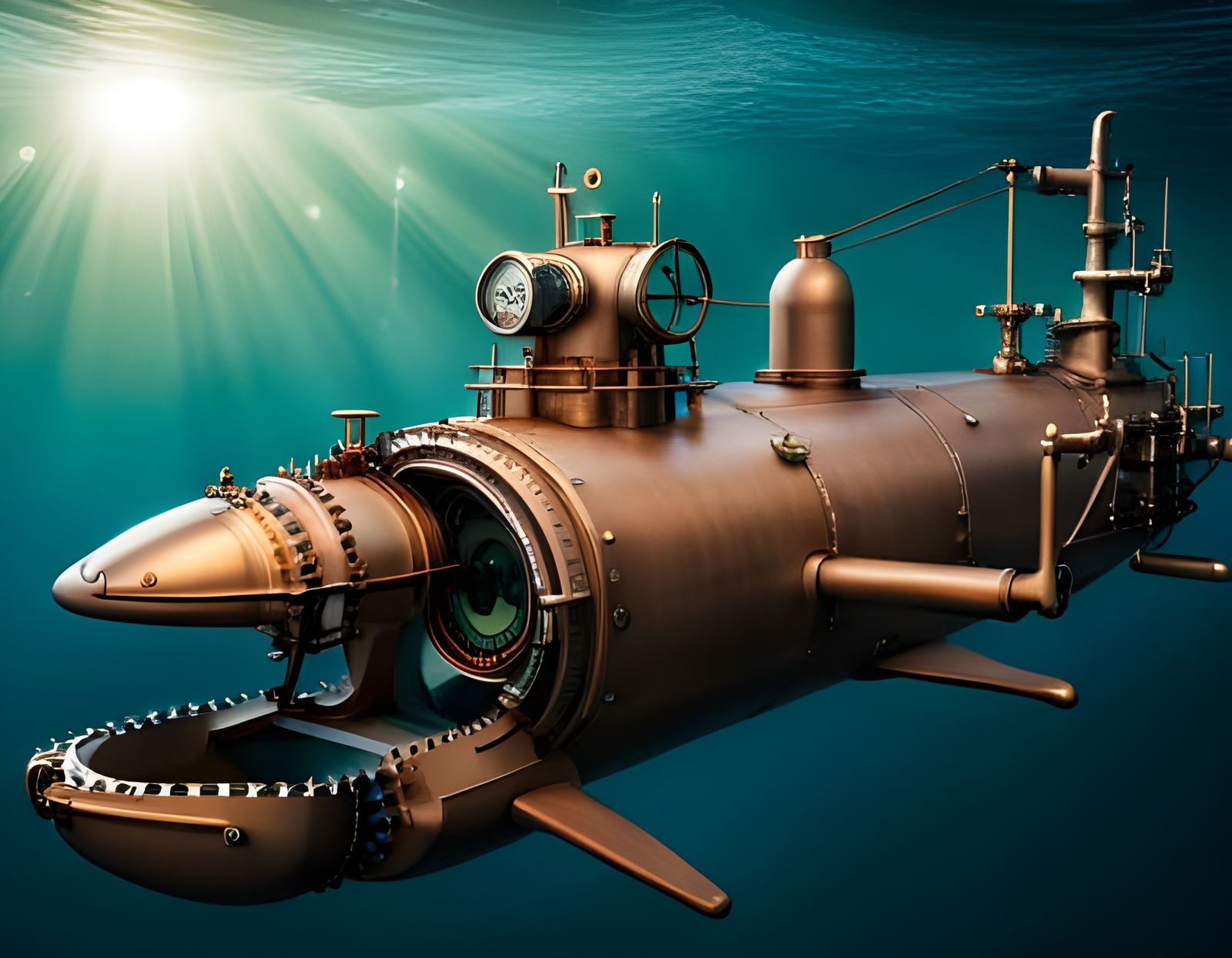Steampunk Submarine in Deep Sea Ravine, Hyperrealistic Photo