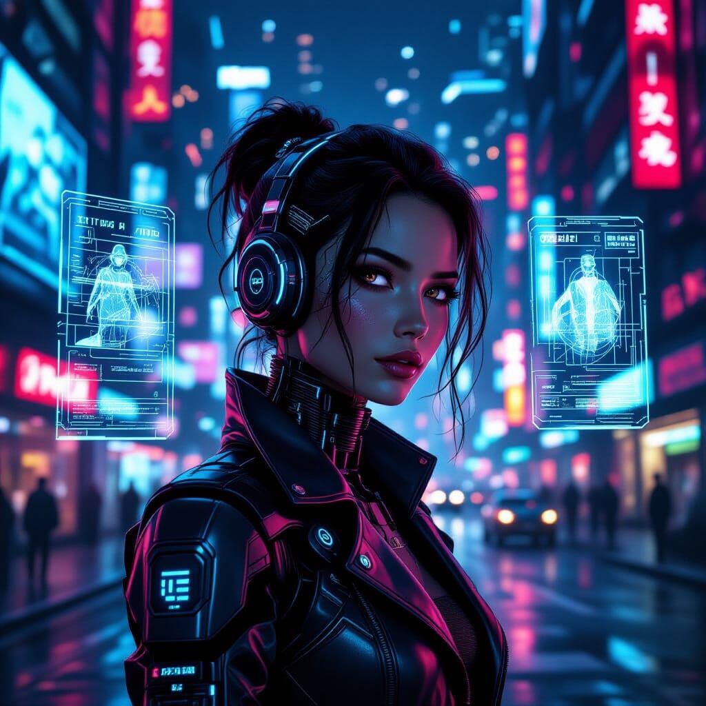 Futuristic Android in Neon Cityscape: Surreal Art