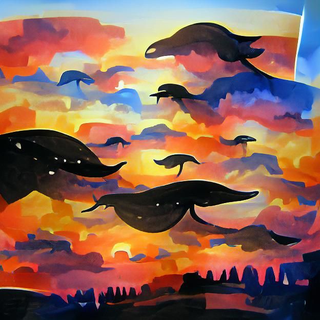 Alien Sky Whales Silhouette Sunset Gouache