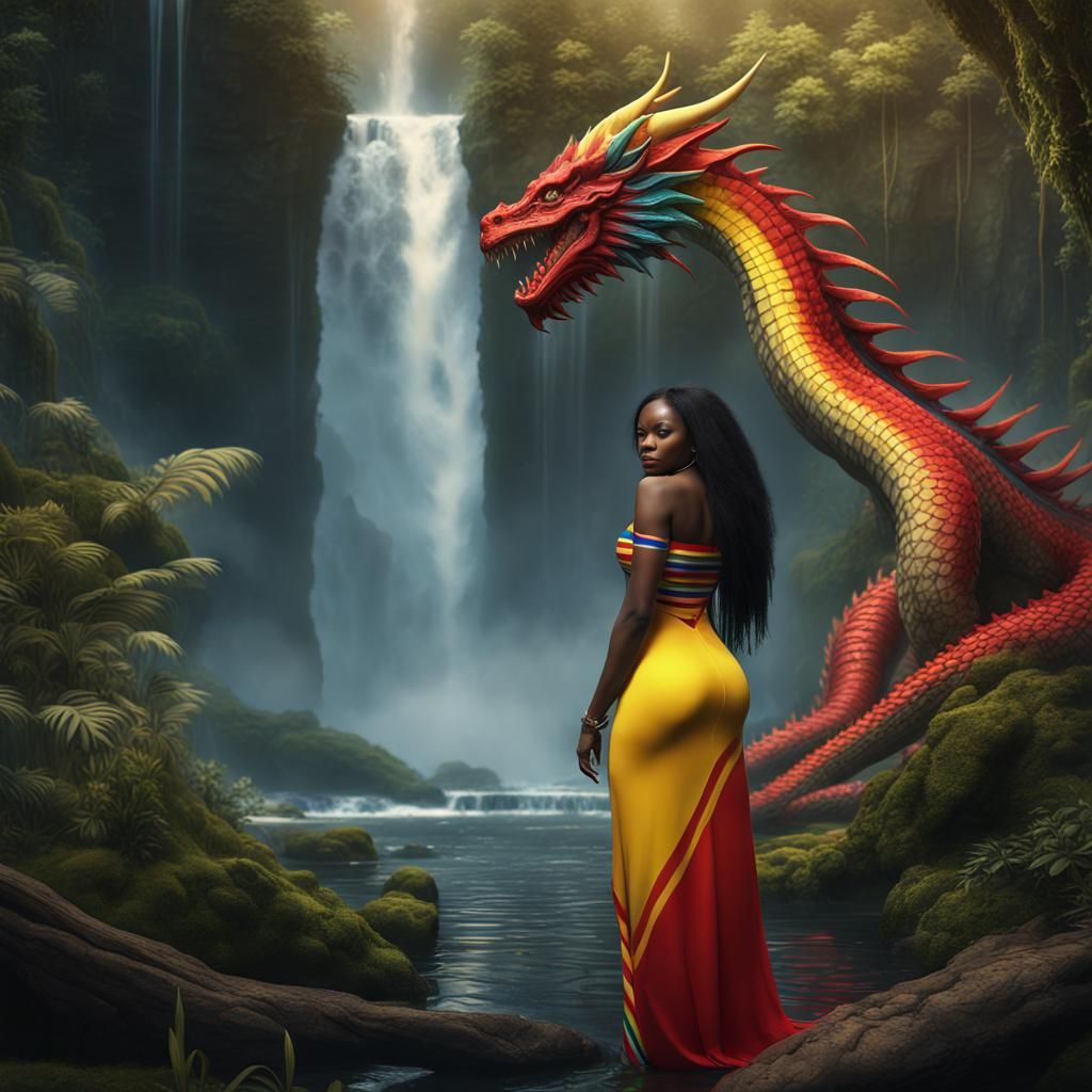 Nigerian Woman and Rainbow Dragon in Jungle Waterfall