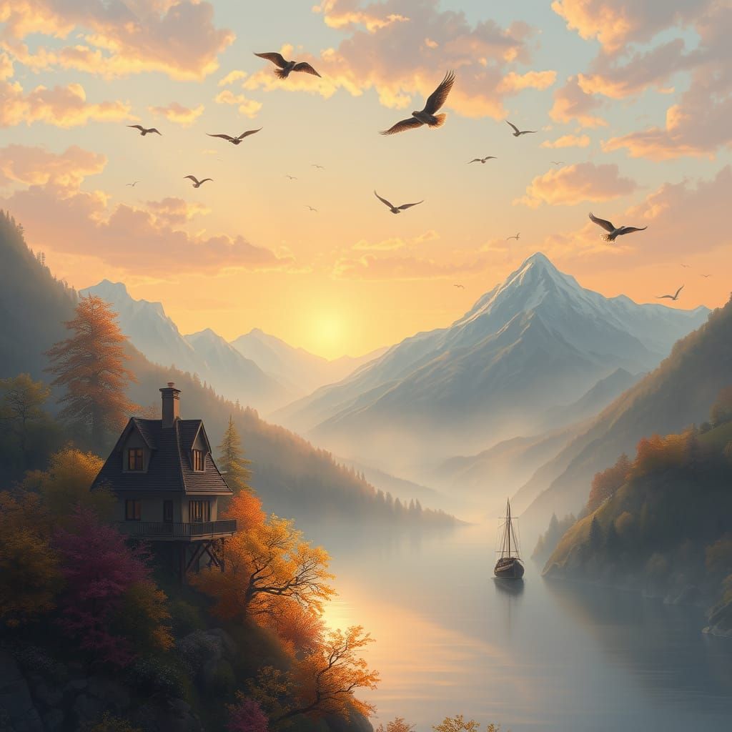 Dreamlike Autumn Sunset Scenery with Villa and River