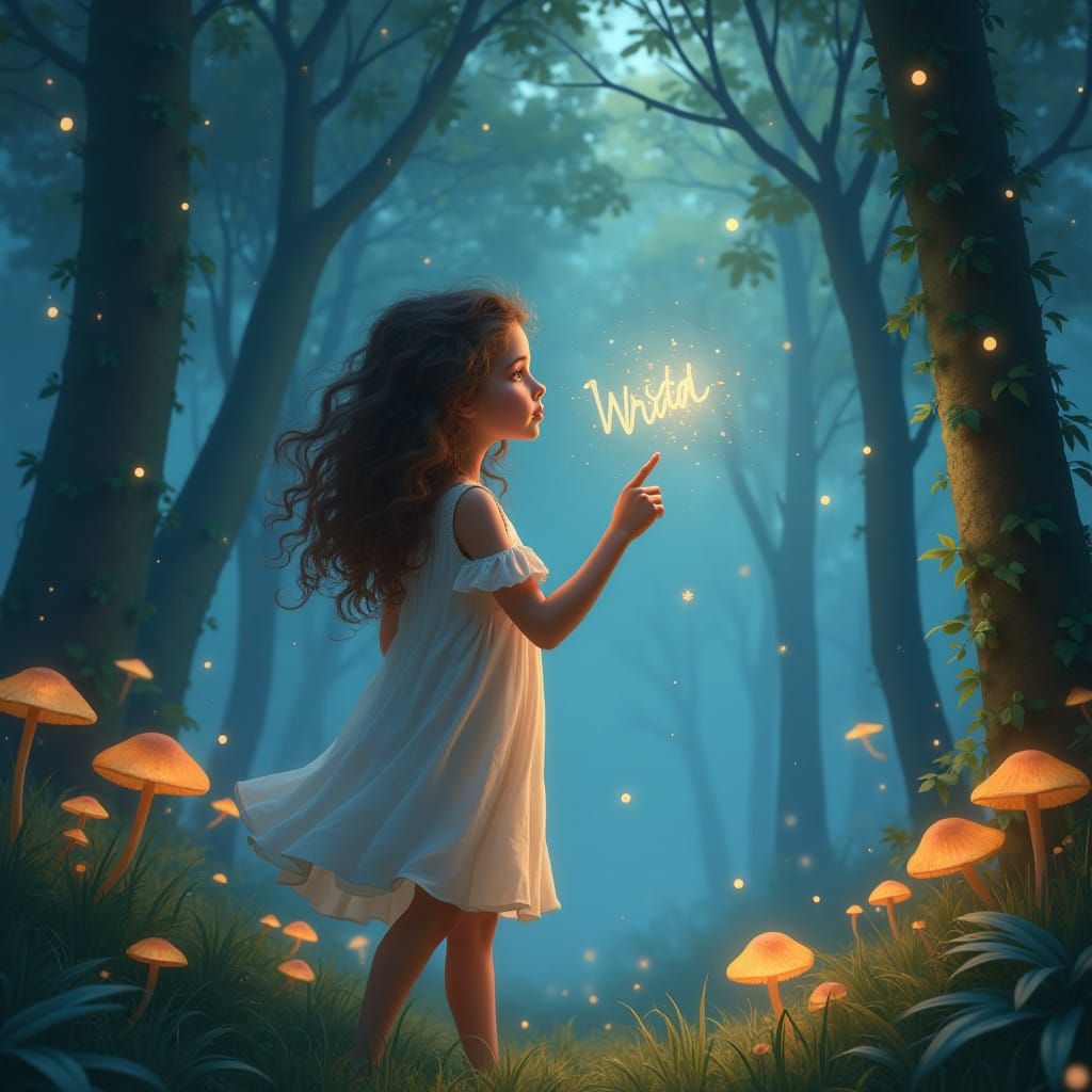 Whimsical Girl Writes in the Air with Glowing Words