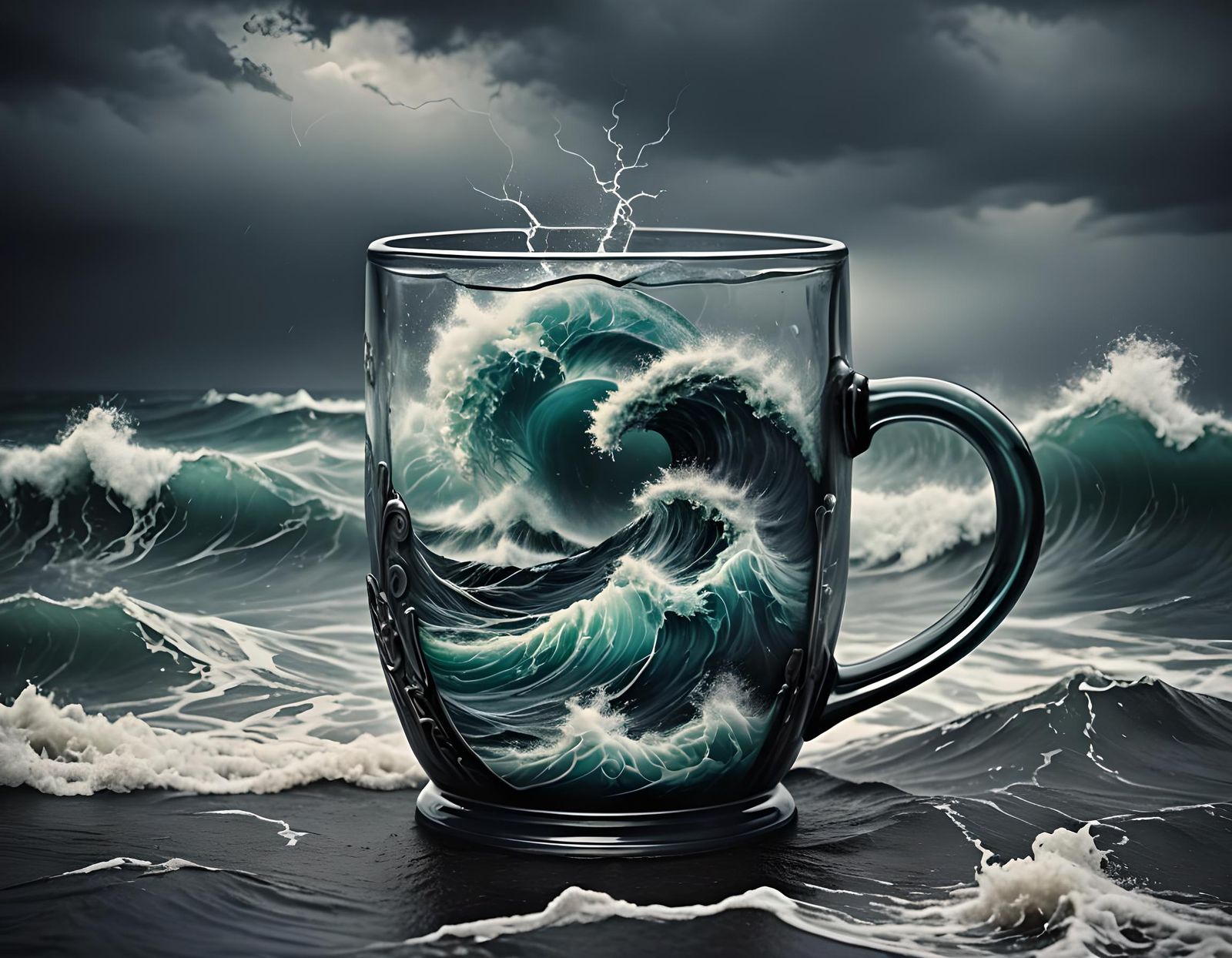 Stormy Ocean Waves Inside a Glass Mug