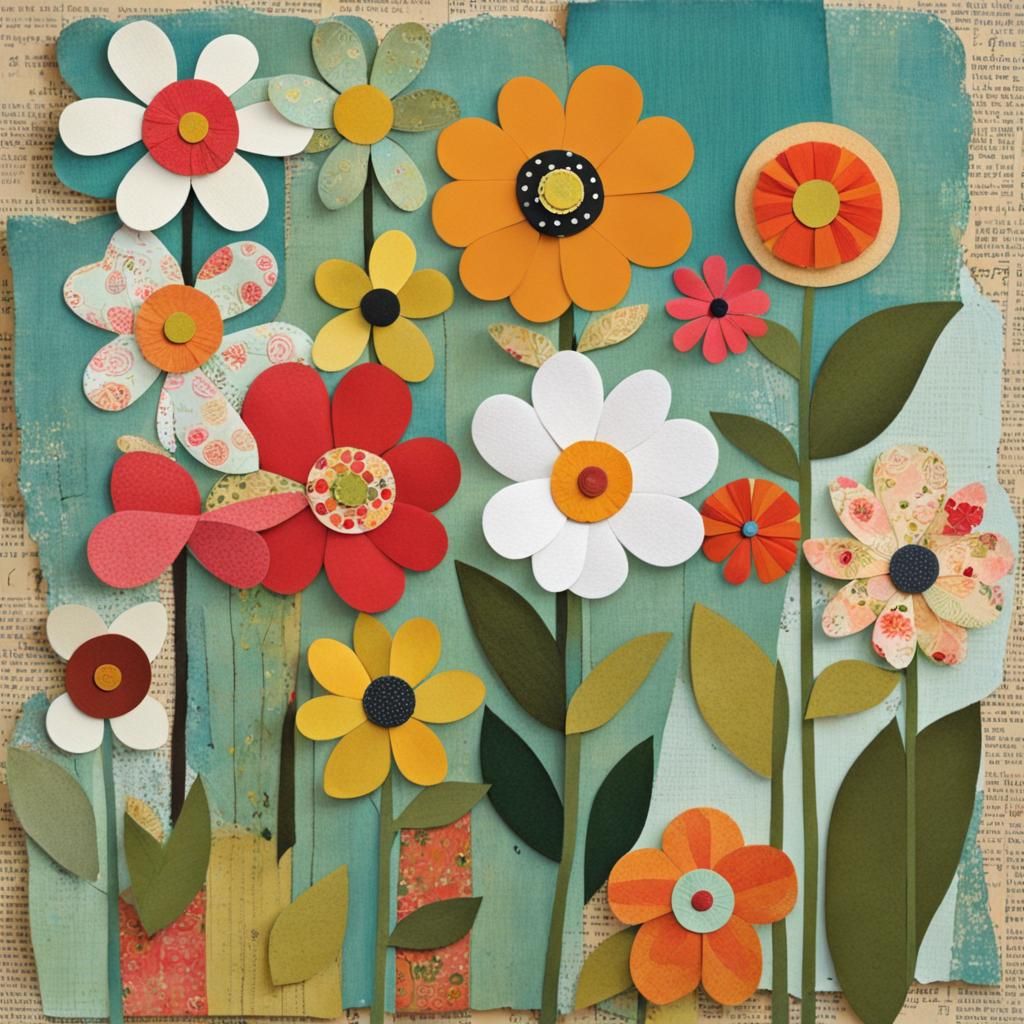 Flowers by terry runyan, by elise gravel, by sally payne; collage art; mixed media; folk art; altered art;