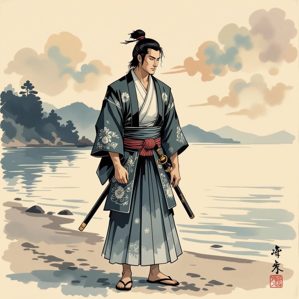 Asian Man Daydreaming on Sado Isle in Ukiyo-e Style