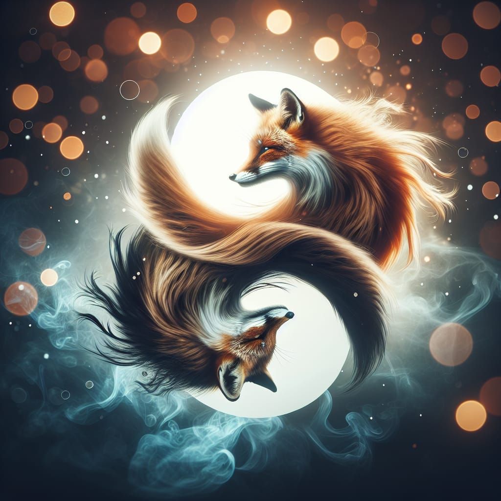 Yin and Yang Foxes in Mysterious Smoke