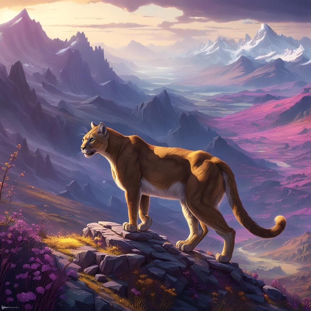 Puma in Dark Fantasy Mountain Landscape