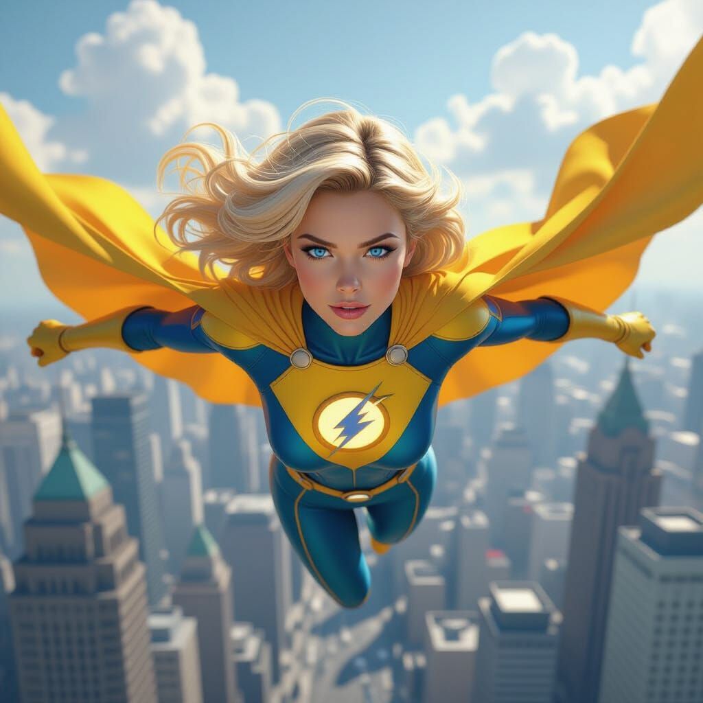 Dynamic Superheroine Soaring Above Metropolis