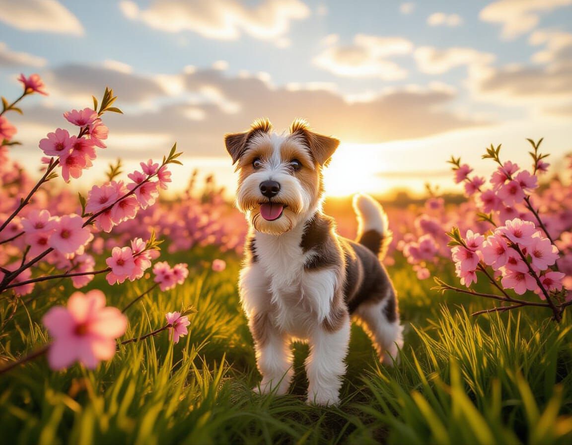 Charming Fox Terrier Amidst Pink Blossoms