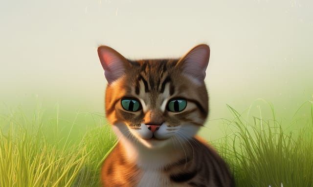 Cat on Grass: 3D Digital Art in Pixar Style
