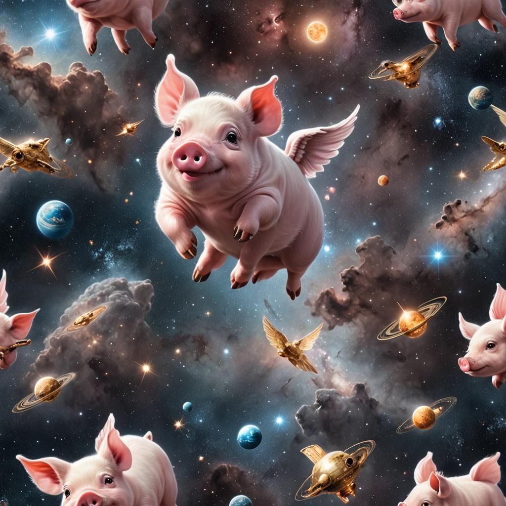 Happy Flying Pig in Space: Sci-Fi Art