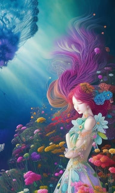Woman in Floral Mycelium Network: Anime-Inspired Art
