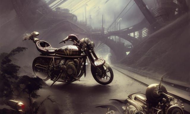 Steampunk Motorbike at High Speed, Digital Pencil Sketch