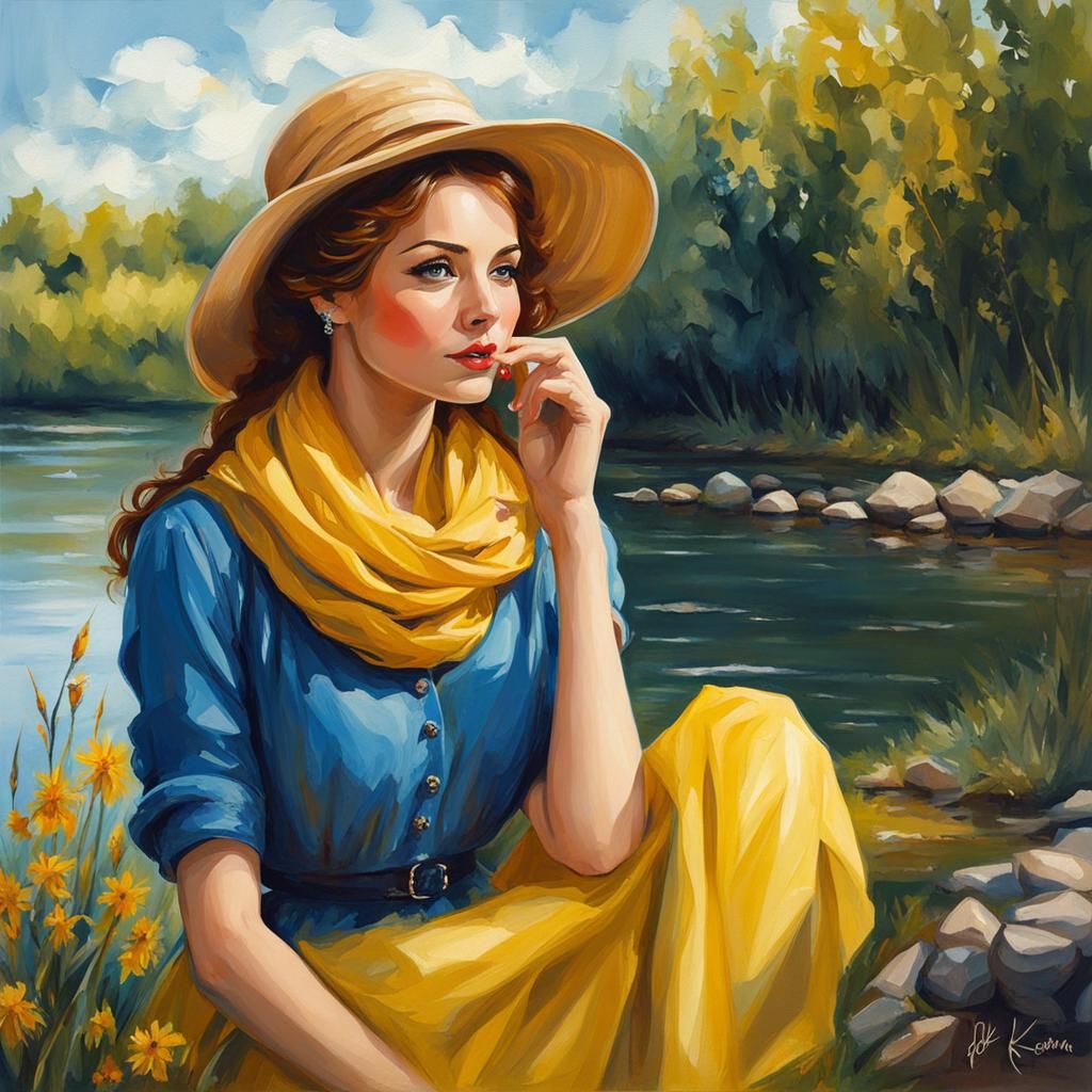 Woman in Blue Dress by River: Bottlecap Art