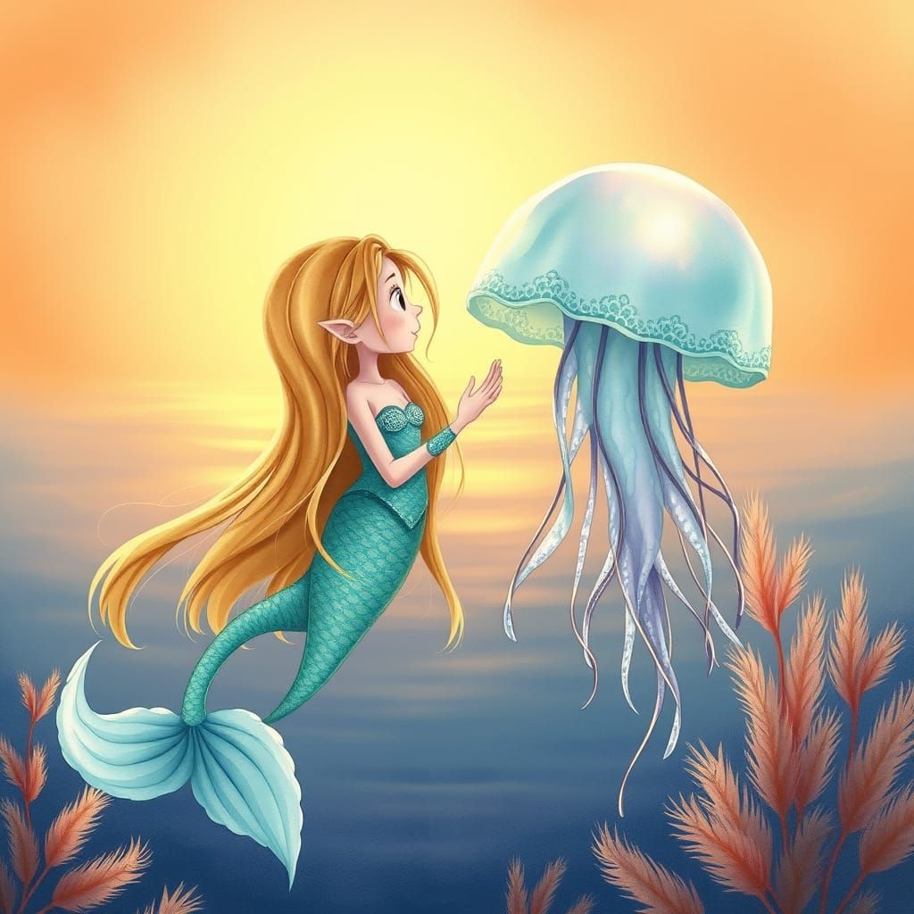 Whimsical Mermaid and Jellyfish in a Sunset Ocean Scene