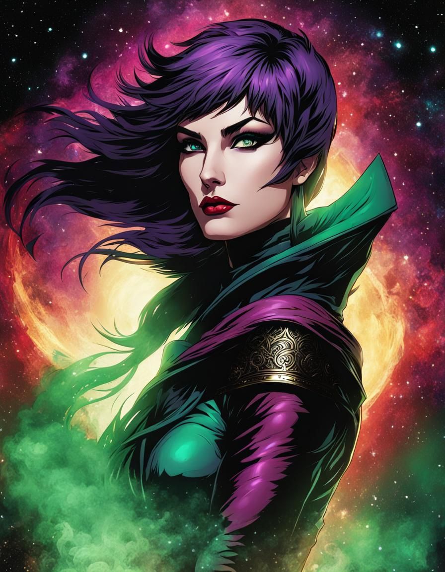 Morrigan in Deep Color Cosmic Comic Art Style