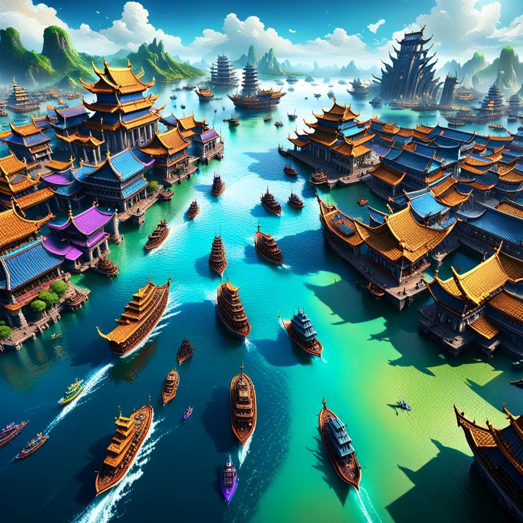 Vibrant River Scene with Serpent and Warcraft Architecture