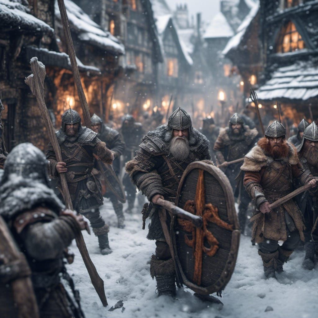 Dwarven Defenders Guard Snowy Medieval Town