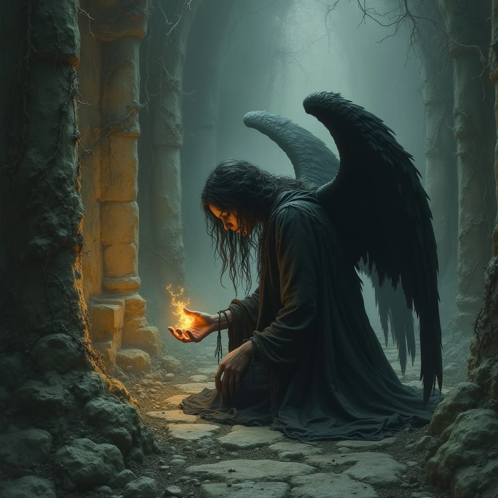Sorrowful Angel in Ruined Cathedral: Dark Surrealism