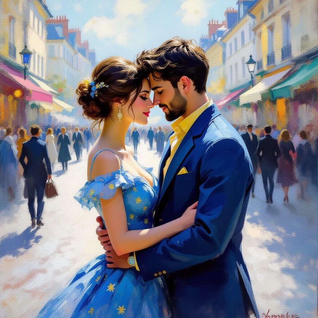 Romantic Embrace in Impressionist Cityscape
