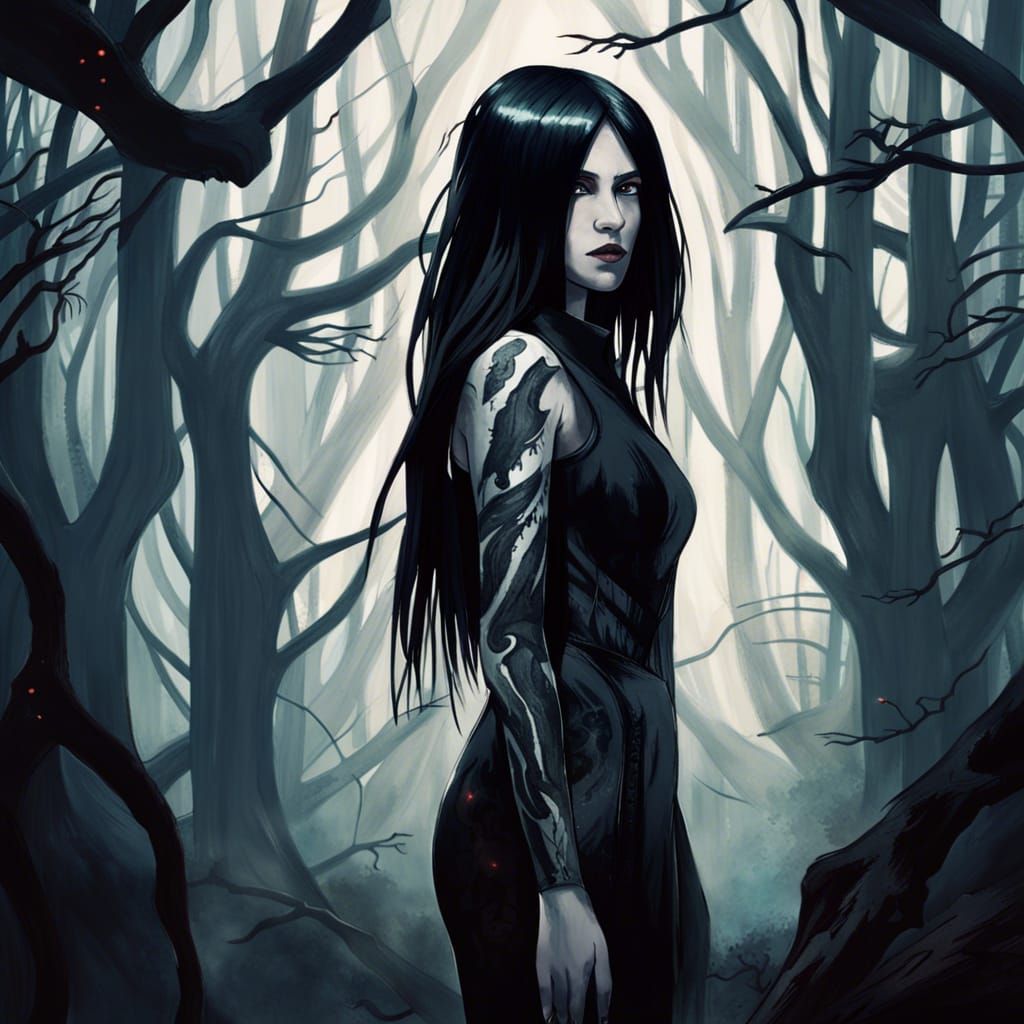 Female Monster Hunter in Evil Forest, Urban Fantasy Art