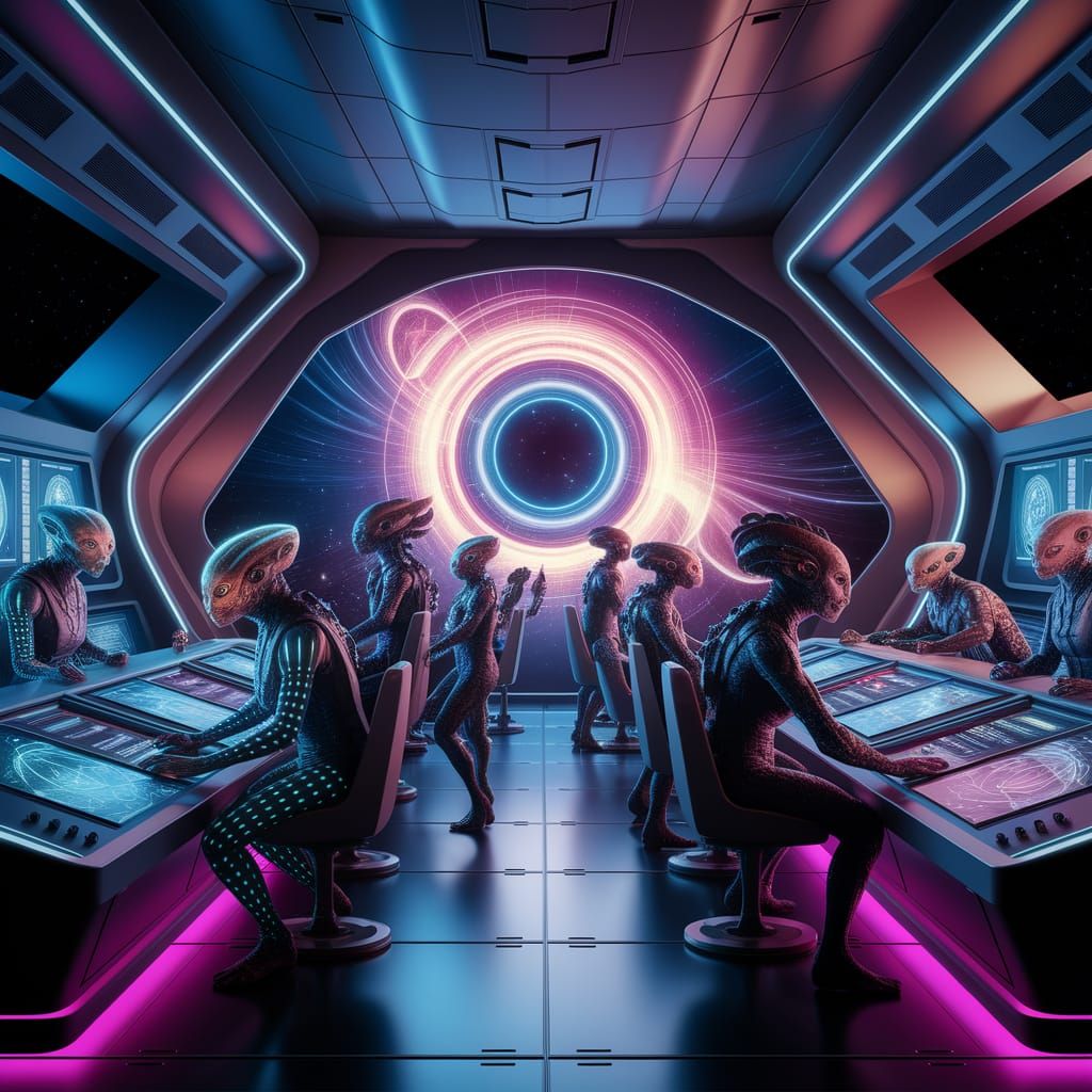 Alien Crew Navigates Cosmic Rift in Futuristic Starship