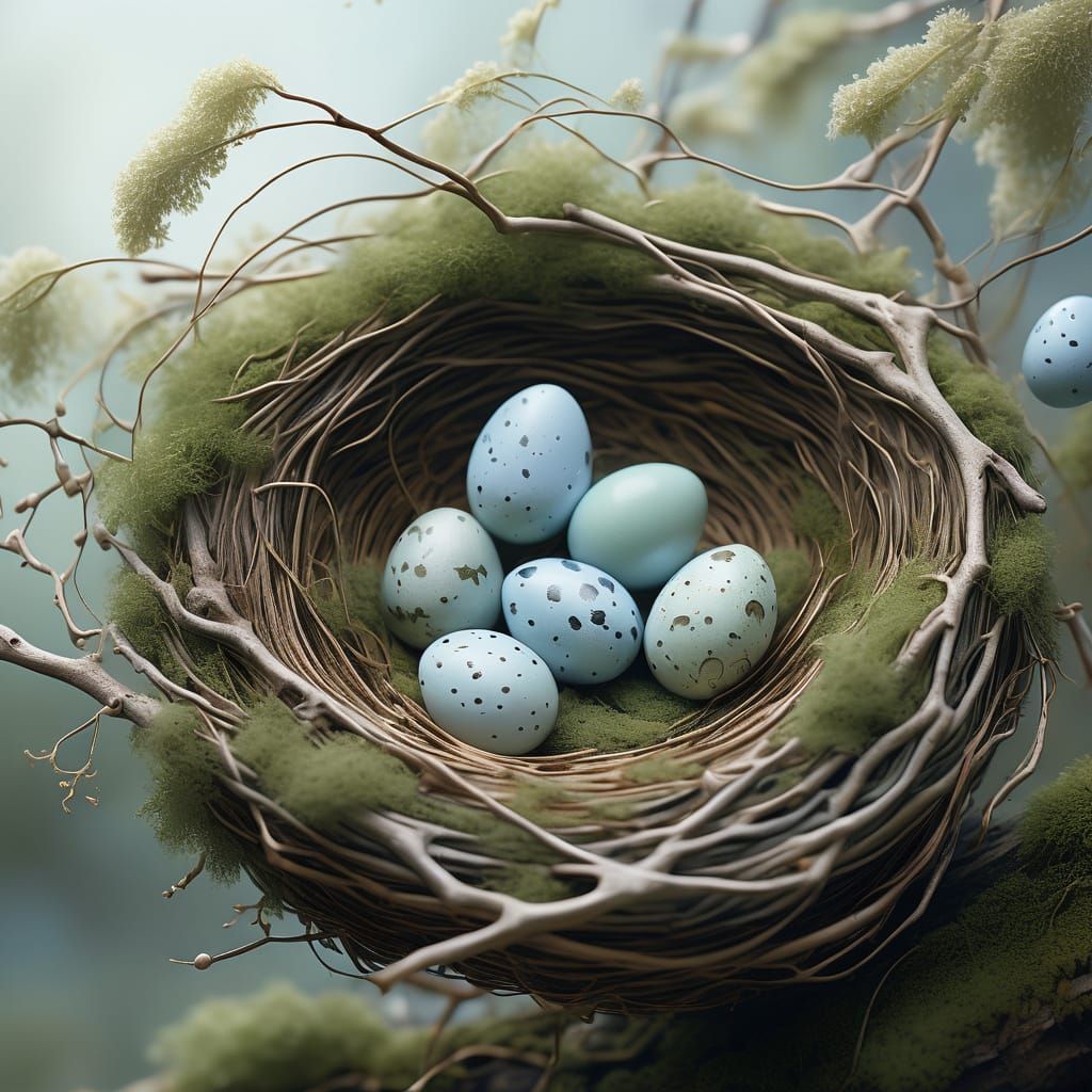 🪺 Woven Sanctuary
A delicately woven bird nest nestled in the crook of a moss-covered tree branch. It’s filled with tin...