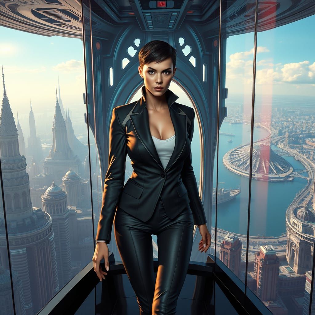 Confident Futuristic Businesswoman in Mystical Metropolis