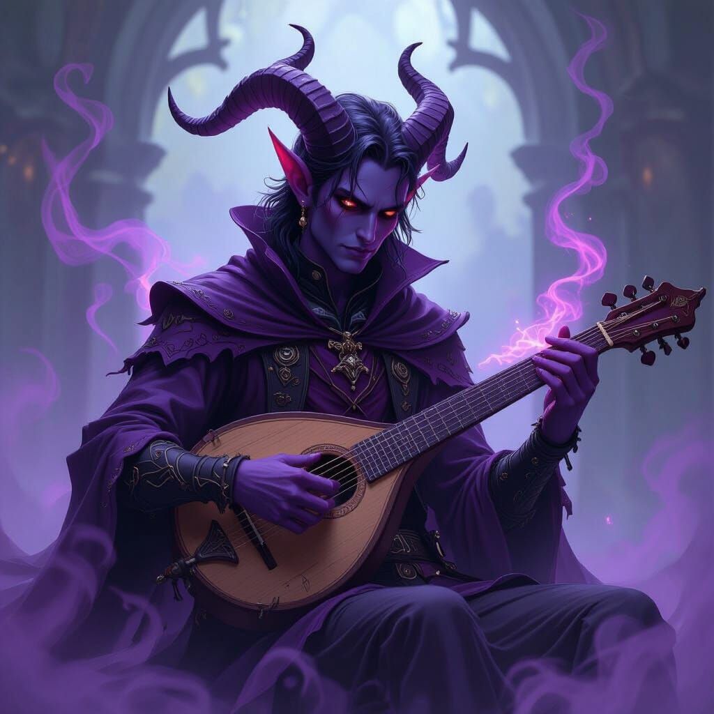 Rakdos Tiefling Bard with Gothic Lute in Violet Mist