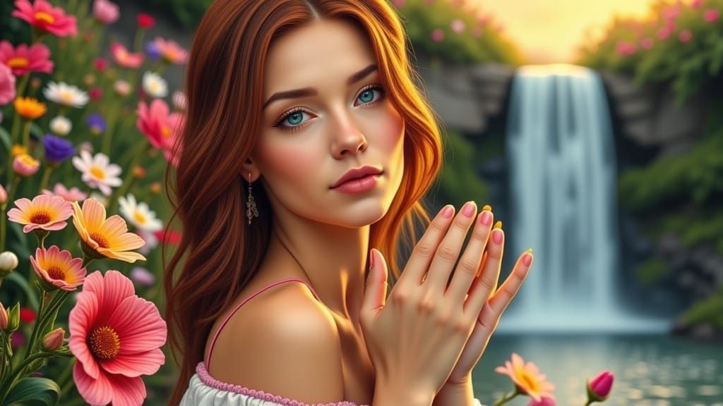 Photorealistic Woman by Waterfall in Golden Hour Light