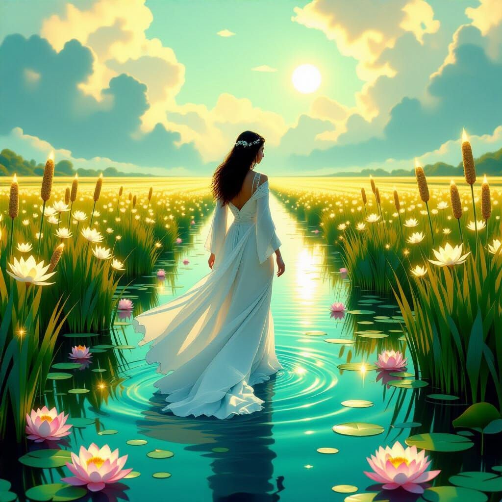 Serene Woman in Mystical Paradise Fields