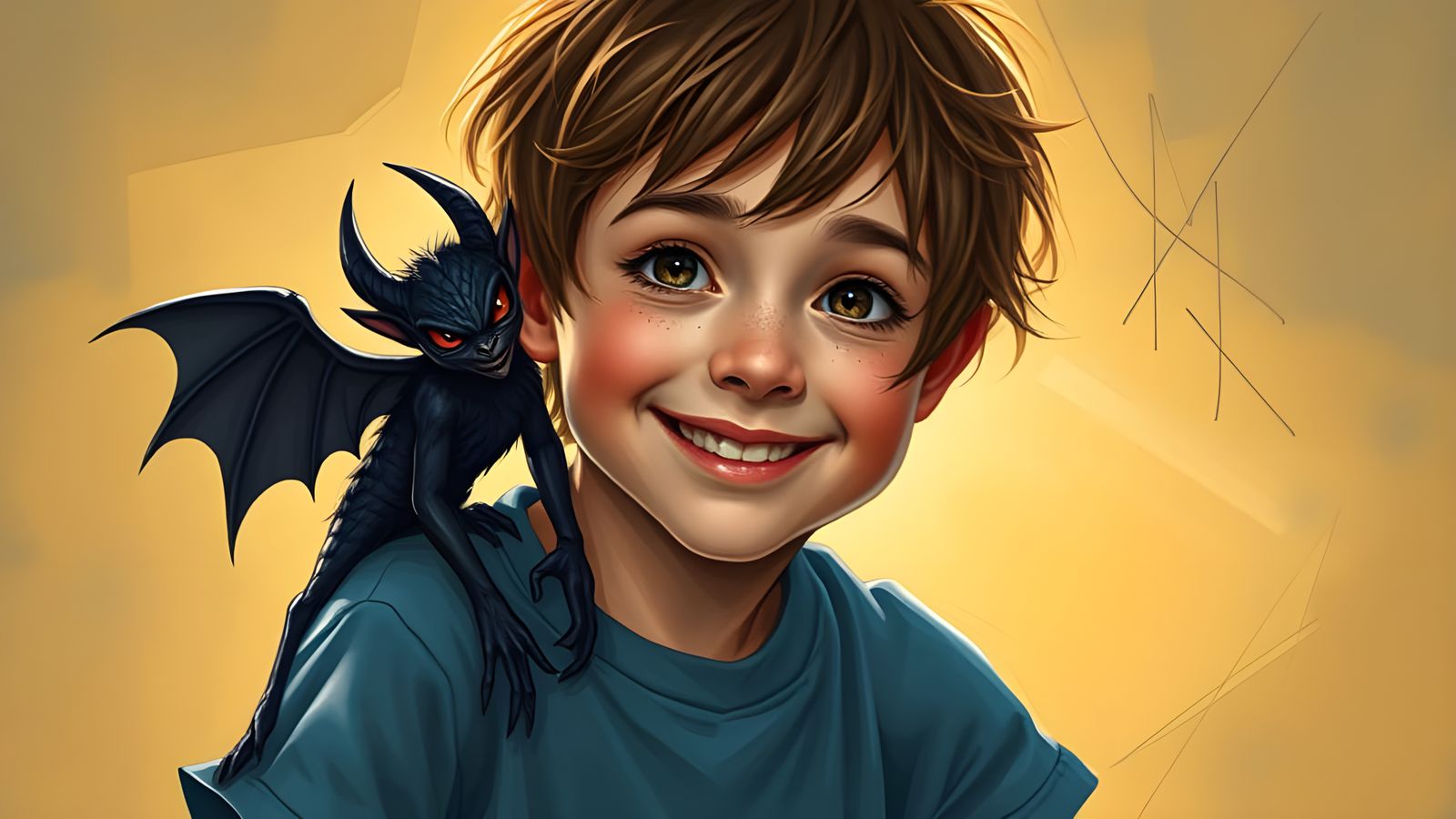 Mischievous Boy and Whimsical Imp in Golden Light