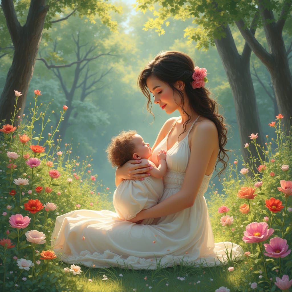 Mother and Angelic Baby in a Lush Garden, in Impressionist S...